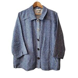 CJ Banks Jacket Woman's 2X Button Front Linen Blend Blue and White 3/4 Sleeve